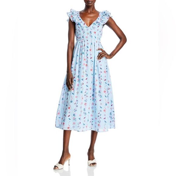 Banjanan Maya Cotton Ruffled Foliage Floral Dress, Blue, NWT, Size M - Picture 3 of 16